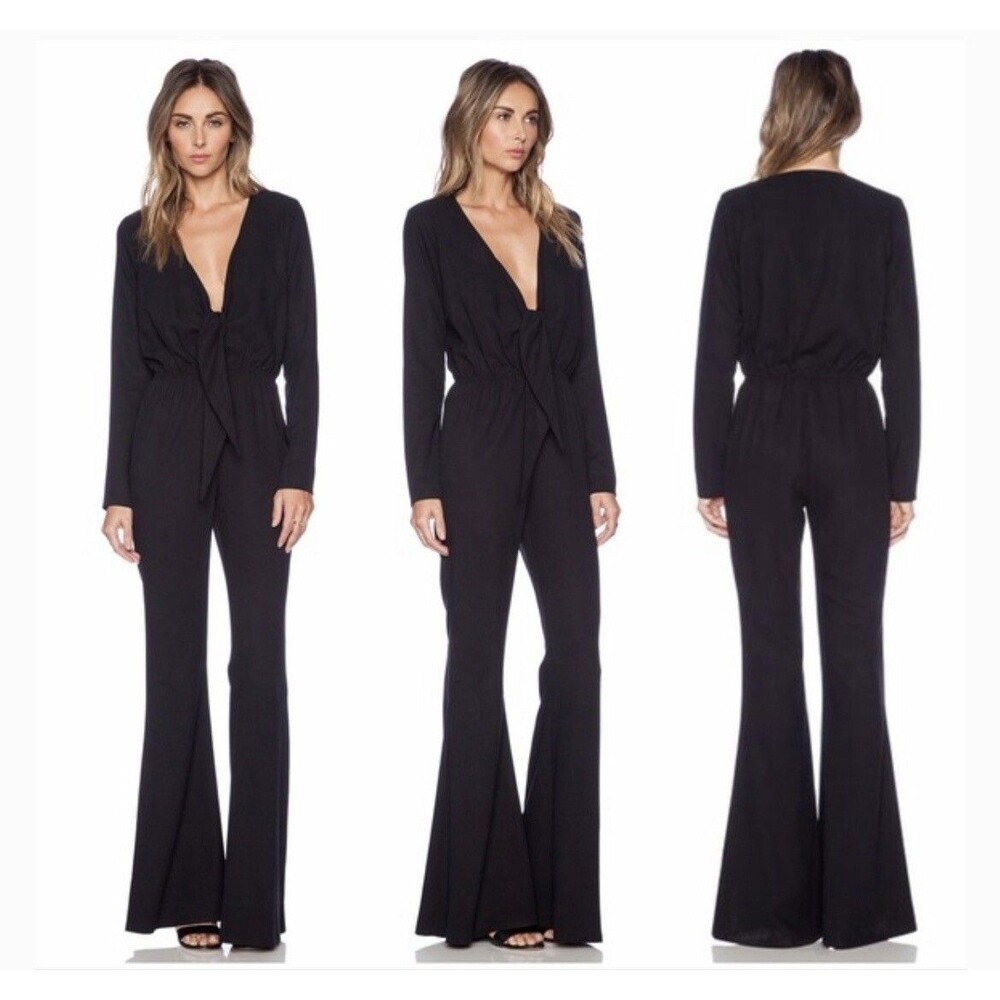 STONE COLD FOX Jumpsuit size Small 1 ‘Stardust’ TIE FRONT PLUNGE Flare Leg Black
